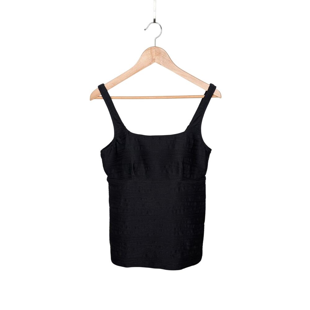Lands' End Tankini Swim Top Square Neck 12L Black Textured Jacquard Minimalist